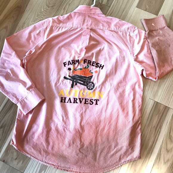 Painted Shirt, Autumn Theme, Size L:  Fall Pumpkin, Ombre Bleached Button-Down - Picture 6 of 10